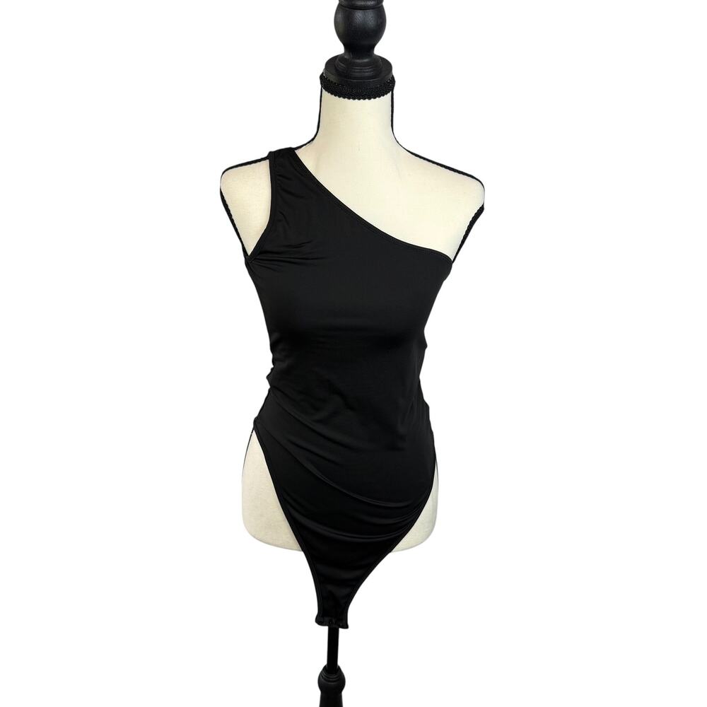 SHEIN Black One Shoulder Asymmetrical Bodysuit Stretch Women's M